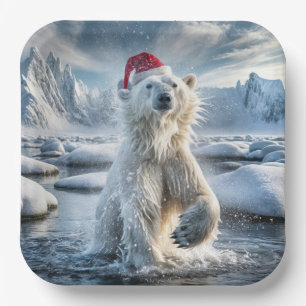Christmas Polar Bear In Arctic Water Paper Plate