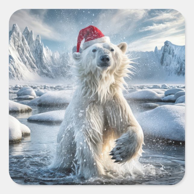 Christmas Polar Bear In Arctic Water Square Sticker (Front)