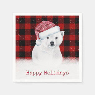 Christmas Polar Bear On Buffalo Plaid Napkin