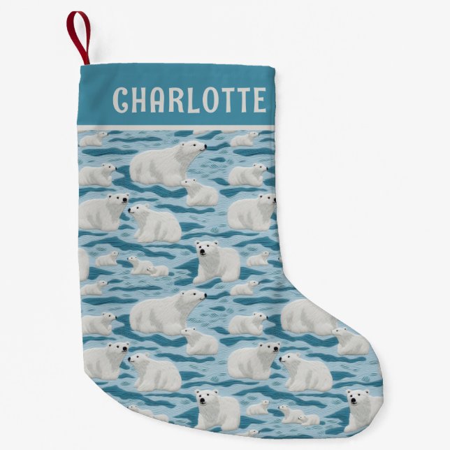 Christmas Polar Bear Pattern Personalised Name Small Christmas Stocking (Front)