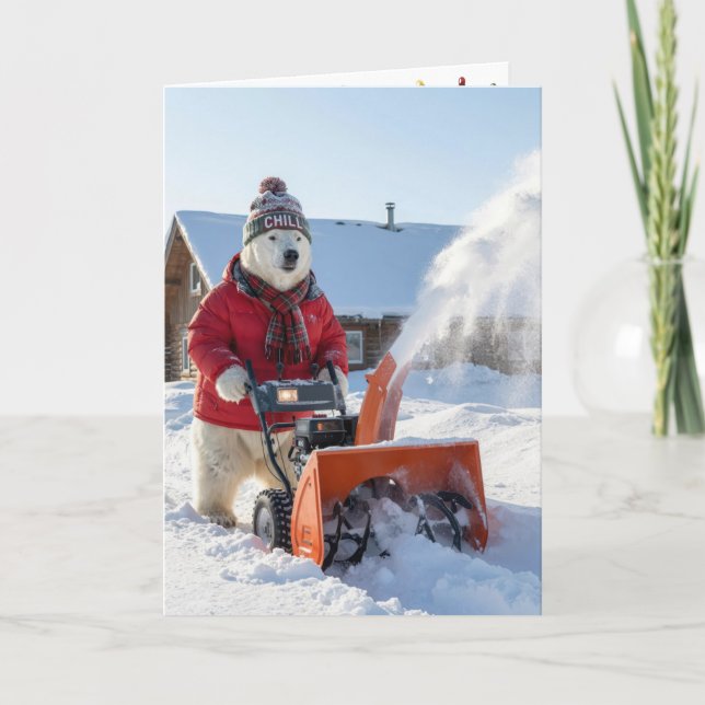Christmas Polar Bear Pushing a Snowblower Card (Front)