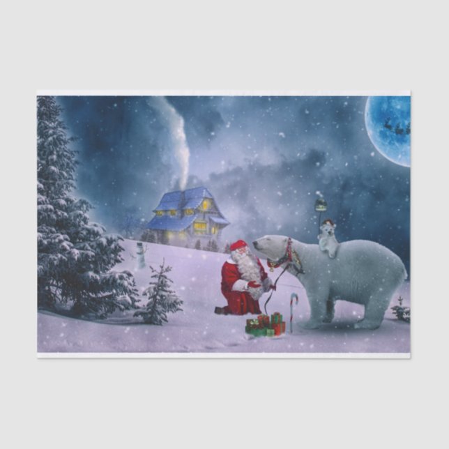 Christmas Polar Bear Santa Snow Scene Tissue Paper (Front)