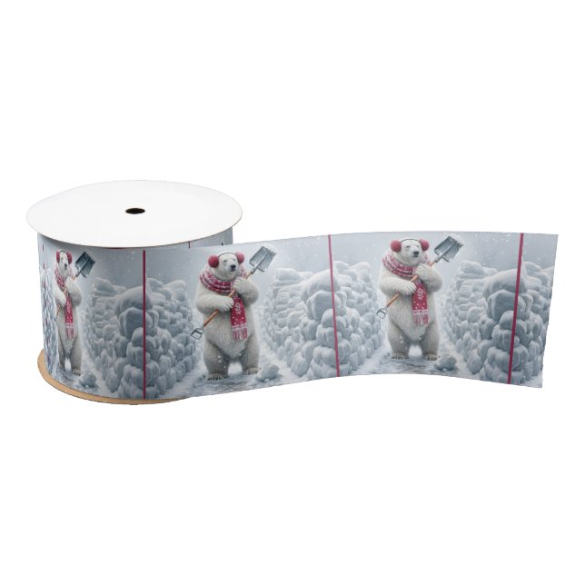 Christmas Polar Bear Shoveling Snow Satin Ribbon (Spool)
