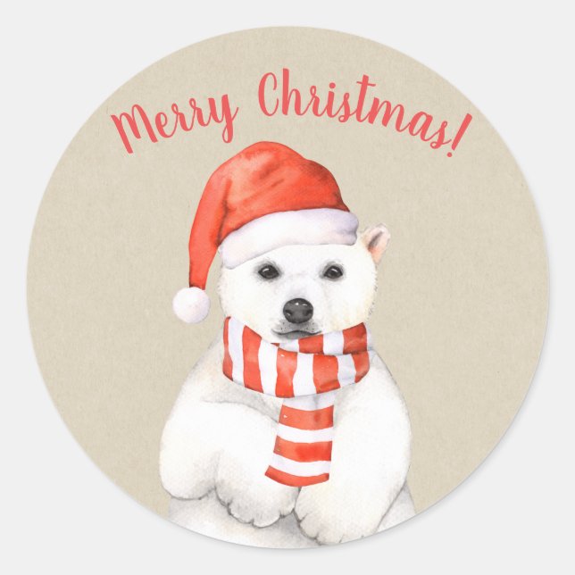 Christmas Polar Bear Winter Country Holiday Custom Classic Round Sticker (Front)