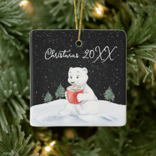 Christmas Polar Bear With Hot Cocoa Ceramic Ornament