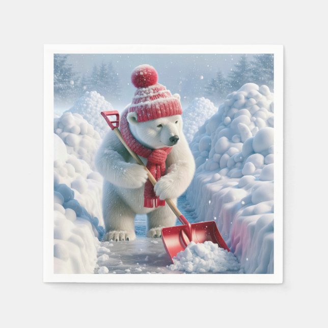Christmas Polar Bear With Red Shovel Napkin (Front)