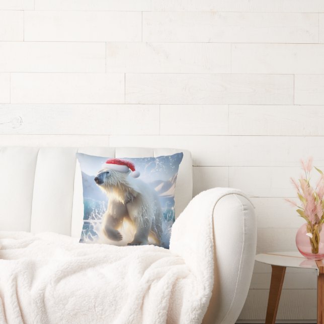 Christmas Polar Bear With Santa Cap Cushion (Couch)