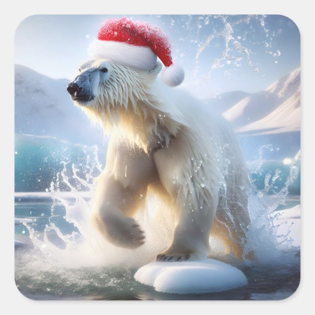Christmas Polar Bear With Santa Cap Square Sticker (Front)