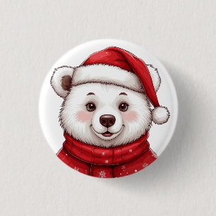 Christmas Polar Bear With Santa Hat 3 Cm Round Badge