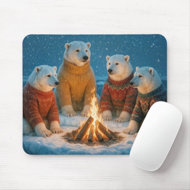 Christmas Polar Bears Around a Bonfire Mouse Pad (With Mouse)
