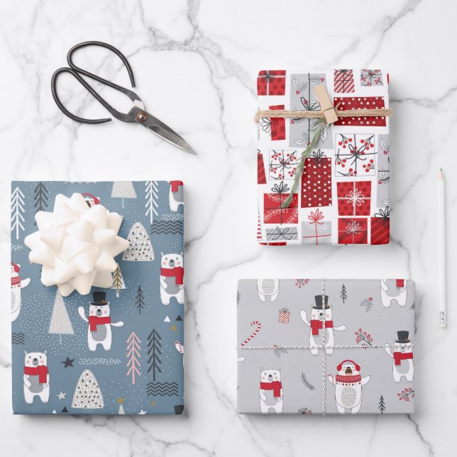 Christmas Polar Bears Presents Wrapping Paper Sheet (Front)