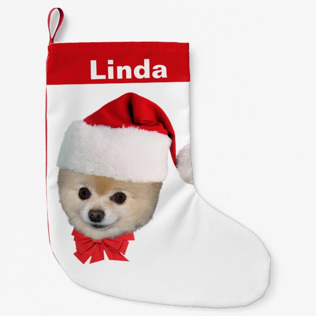 Christmas, Pomeranian Dog, Santa Hat, Name Small Christmas Stocking (Front)