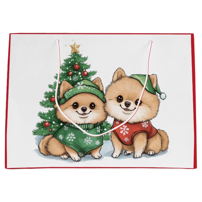 Christmas Pomeranian Dogs Large Gift Bag (Front)
