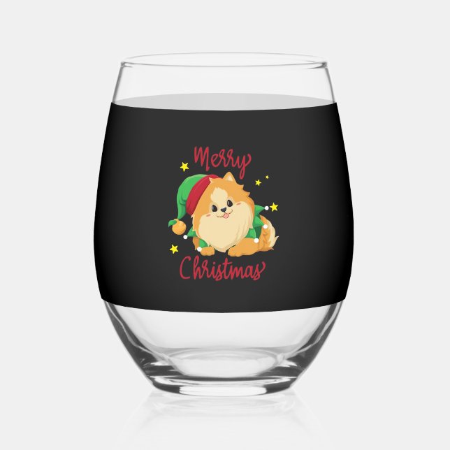 Christmas Pomeranian Merry Xmas Essential T-Shirt Stemless Wine Glass (Front)