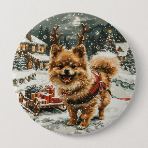 Christmas Pomeranian Reindeer Dog 10 Cm Round Badge