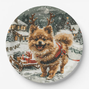 Christmas Pomeranian Reindeer Dog Paper Plate