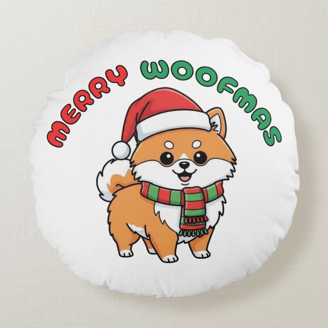 Christmas Pomeranian Round Pillow: Merry Woofmas Round Cushion (Front)