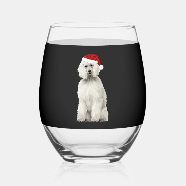Christmas Poodle Christmas Tree Dog Puppy Watercol Stemless Wine Glass (Front)