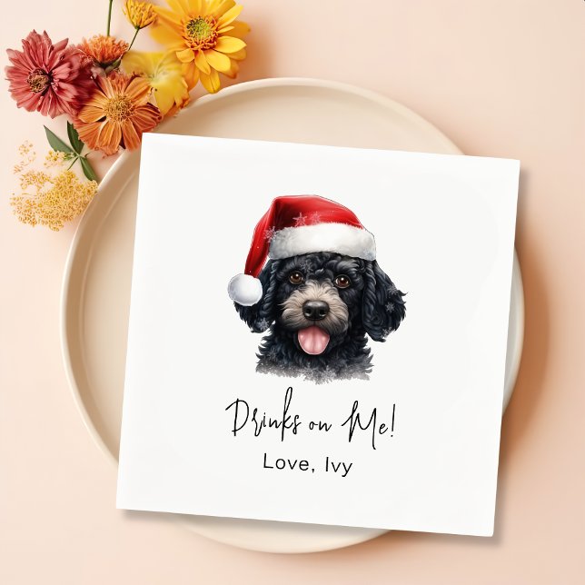 Christmas Poodle Dog Personalised Drinks On Me Napkin (Creator Uploaded)