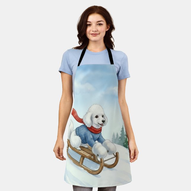 Christmas Poodle Sledding, Apron (Worn)