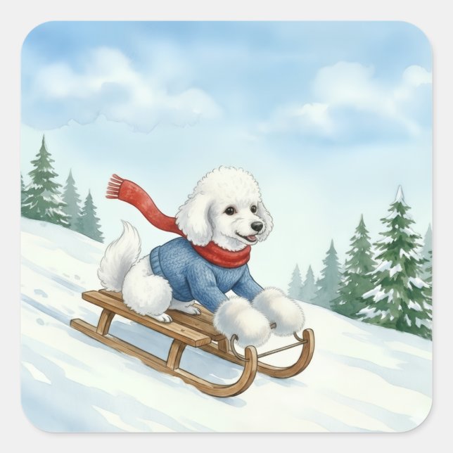 Christmas Poodle Sledding, Stickers (Front)