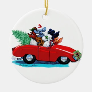 Christmas Poodle Vintage Red Car Ceramic Tree Decoration