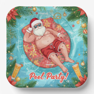 Christmas Pool Party with Santa Claus Paper Plate