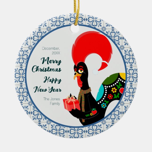 Christmas Portuguese Rooster and blue tiles frame Ceramic Tree Decoration (Front)