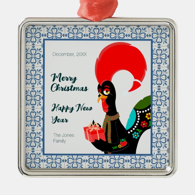 Christmas Portuguese Rooster and blue tiles frame Metal Tree Decoration (Front)