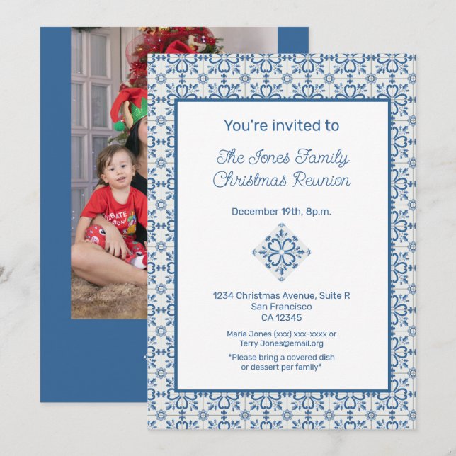 Christmas Portuguese Tiles Holly leaves frame Invitation (Front/Back)