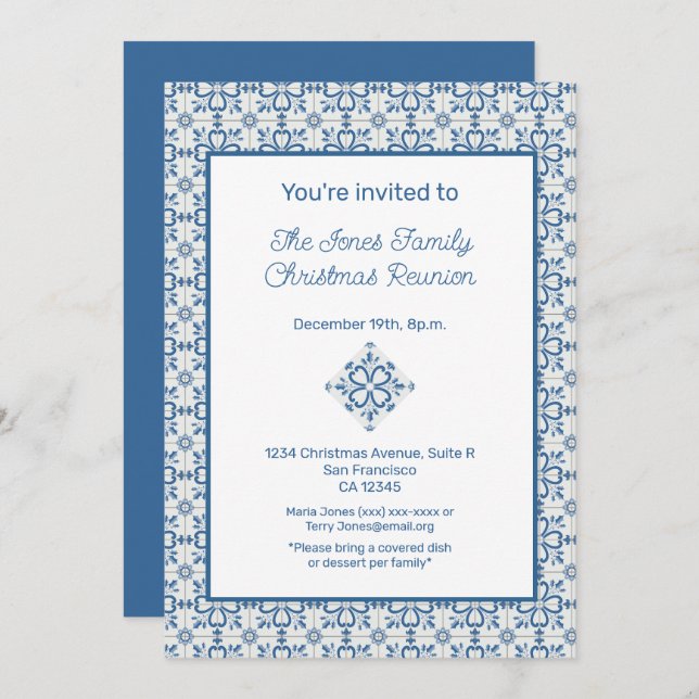 Christmas Portuguese Tiles Holly leaves frame Invitation (Front/Back)