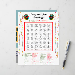 Christmas Portuguese  Word Search Puzzle for Kids