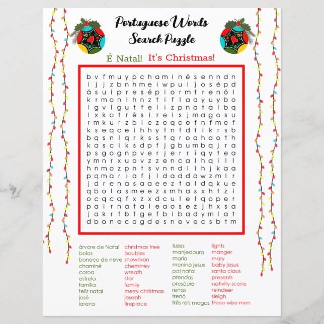Christmas Portuguese  Word Search Puzzle for Kids (Front)