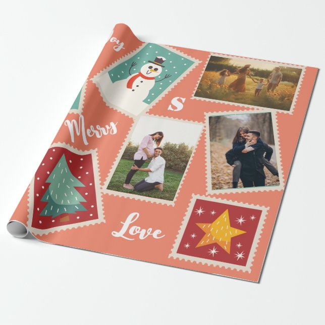 Christmas Postage Stamp Funny Personalised Photo Wrapping Paper (Unrolled)