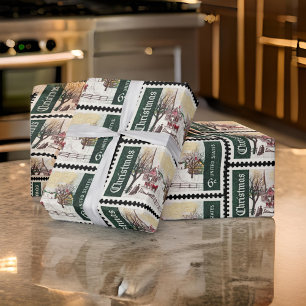 Christmas Postal Stamps Vintage Wrapping Paper