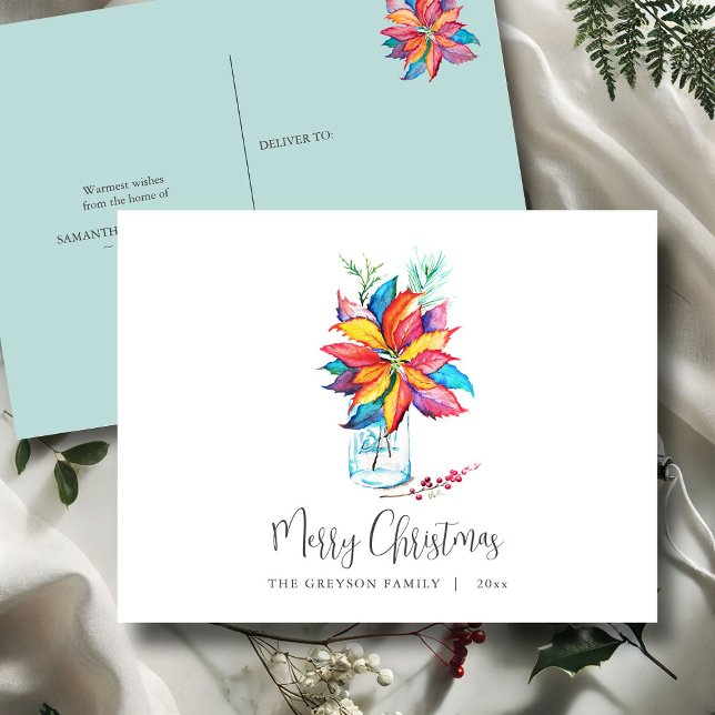 Christmas Postcard Colourful Botanical Poinsettia (Christmas postcard watercolor poinsettia art by Victoria Grigaliunas Do Tell A Belle)