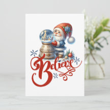 Christmas postcard with cute gnome and snow globe