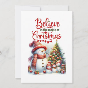 Christmas postcard with cute snowman family