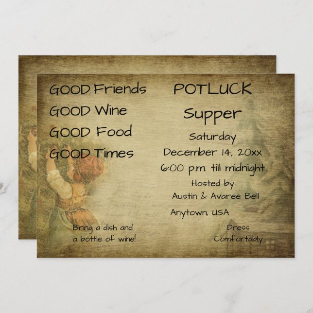 Christmas Pot Luck Supper Party Invitation (Front/Back)