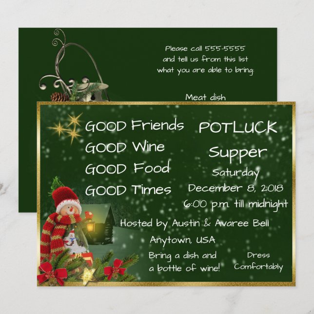 Christmas Pot Luck Supper Party Invitation (Front/Back)