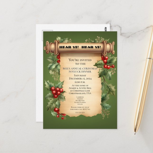 Christmas Potluck  Dinner Old World Scroll Invitat Postcard (Front/Back In Situ)