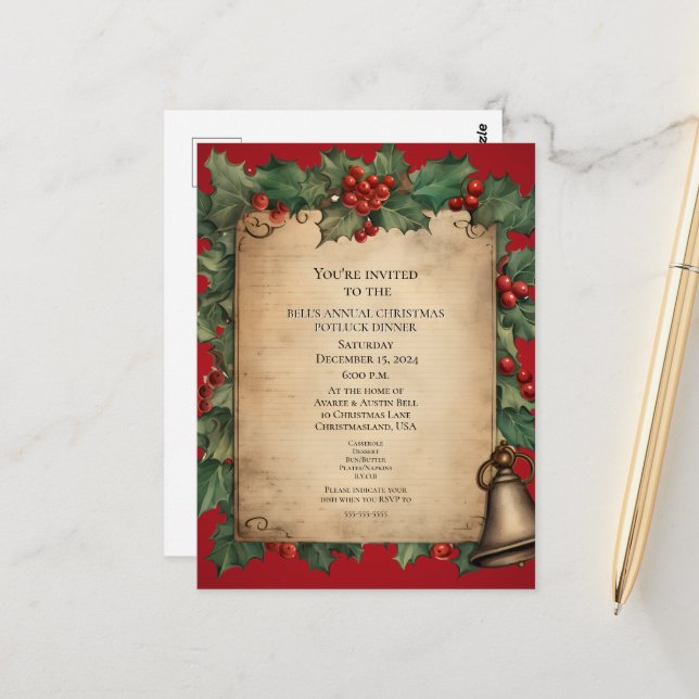 Christmas Potluck  Dinner Old World Scroll Invitat Postcard (Front/Back In Situ)