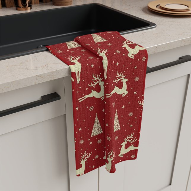 Christmas Prancing Gold Deer Holiday Kitchen Towel (Creator Uploaded)
