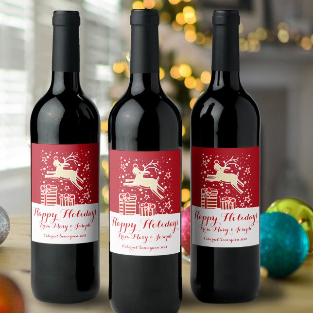 Christmas prancing reindeer custom wine labels (Creator Uploaded)