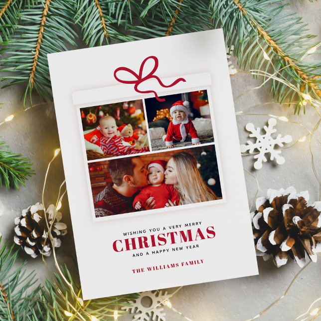Christmas Present 3 Photo Collage Custom Holiday Card (Creator Uploaded)