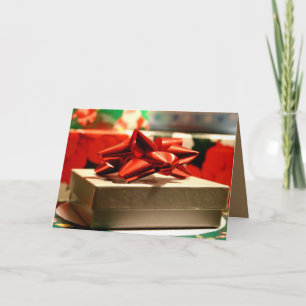 CHRISTMAS PRESENT BOX WITH RED RIBBON BOW CARD