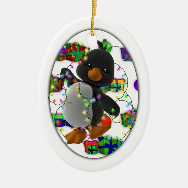 Christmas Present Penguin Ceramic Tree Decoration (Front)