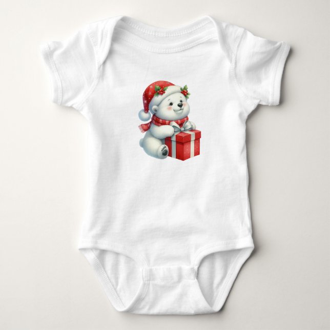 Christmas present polar bear baby bodysuit (Front)