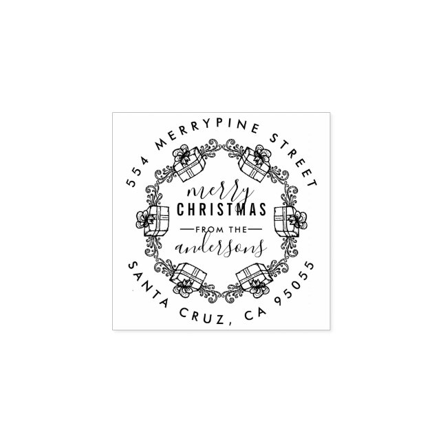 Christmas Presents Sketch Wreath Return Address Rubber Stamp (Imprint)