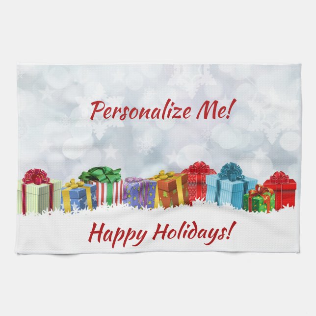 Christmas Presents Wrapped Gifts Happy Holiday Tea Towel (Horizontal)